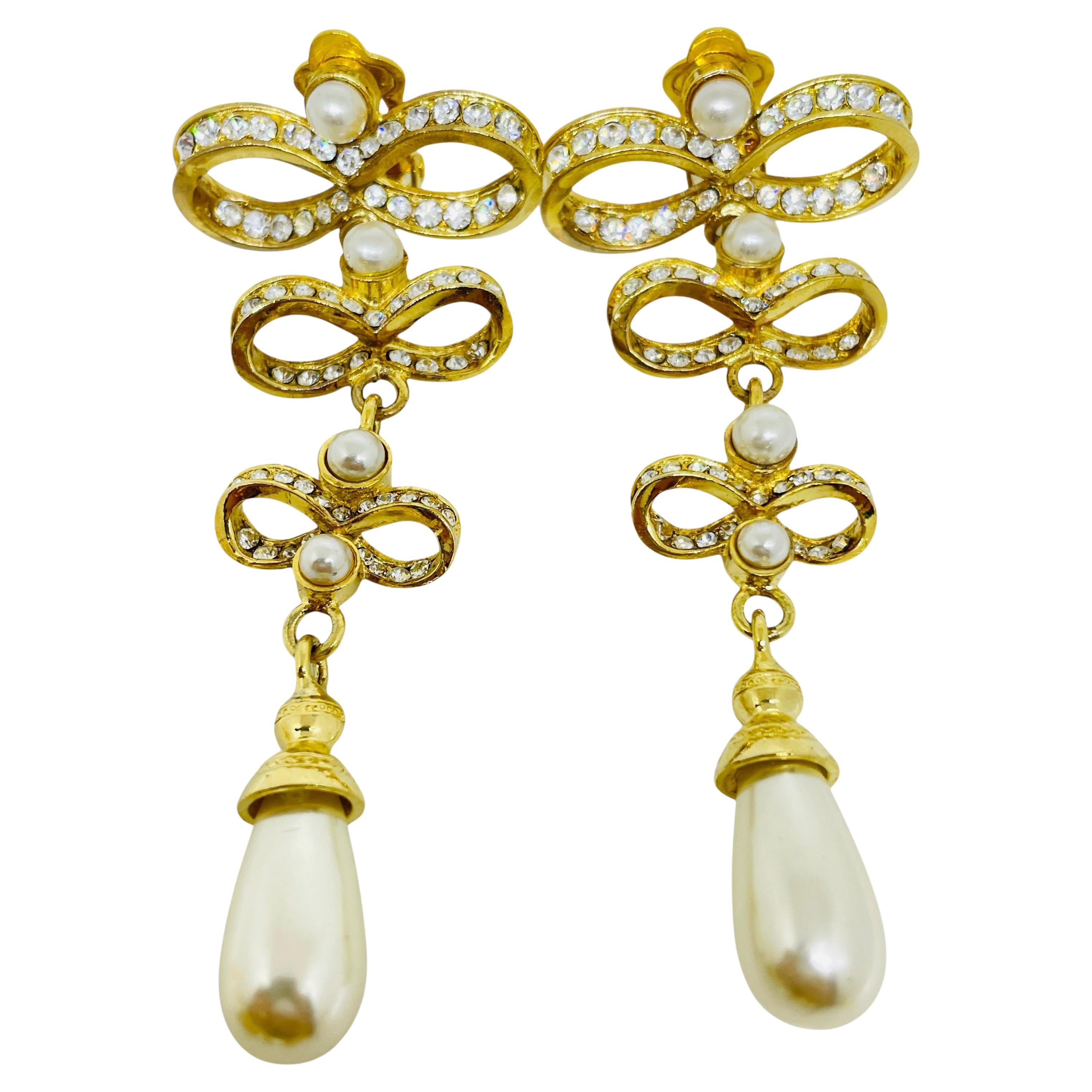 Boucles d'oreilles clip vintage or à e strass perle 80's bow drop