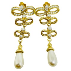 Boucles d'oreilles clip vintage or à e strass perle 80's bow drop