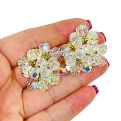 Vintage gold tone ab crystal beaded designer clip on earrings