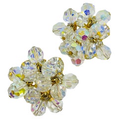 Vintage gold tone ab crystal beaded designer clip on earrings