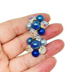 Vintage gold tone ab crystal blue beaded cluster clip on earrings