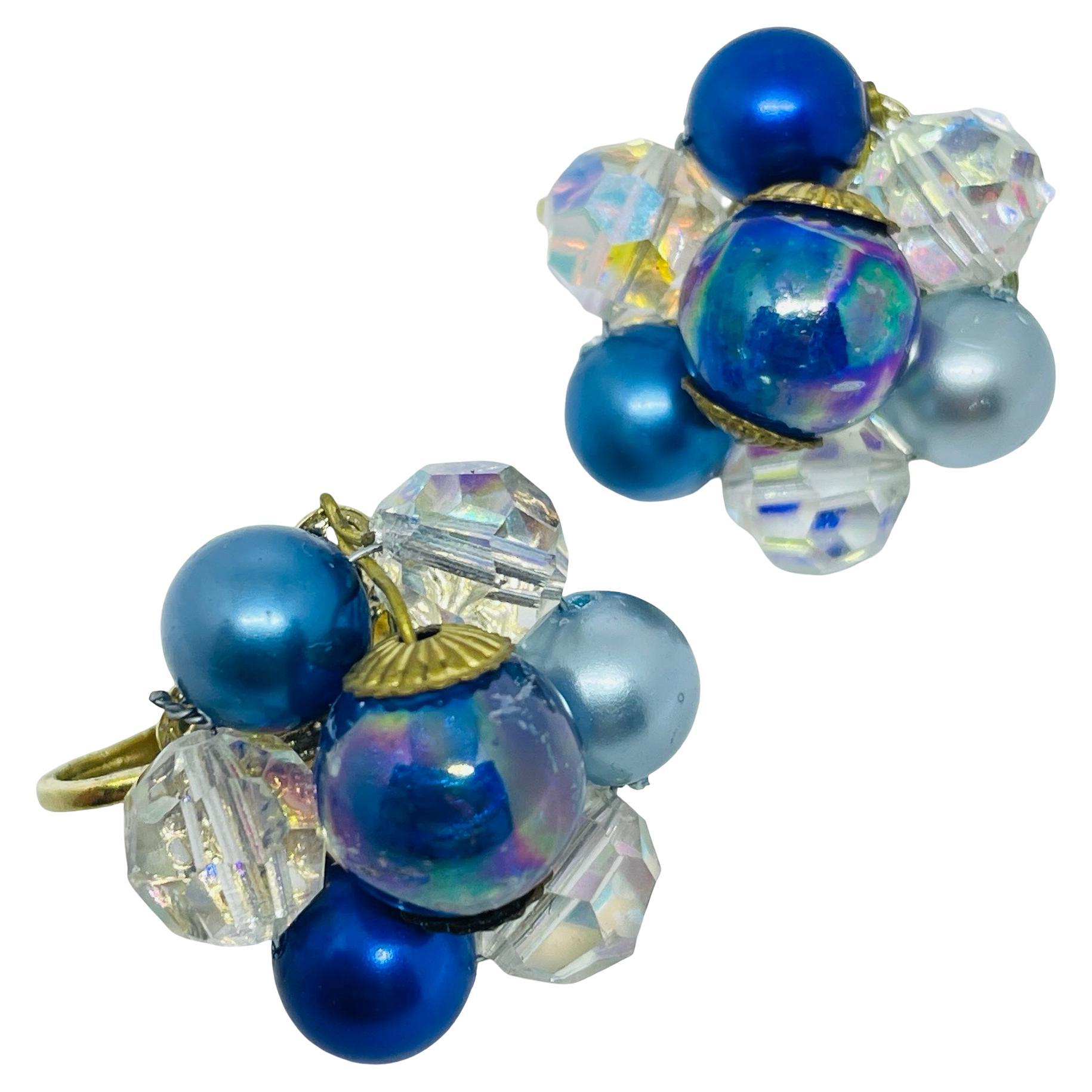 Vintage gold tone ab crystal blue beaded cluster clip on earrings