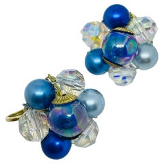 Vintage gold tone ab crystal blue beaded cluster clip on earrings