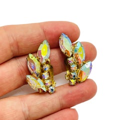 Vintage gold tone ab navette glass designer clip on earrings