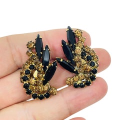 Vintage-Clip-Ohrringe im Designer-Stil aus goldfarbenem, bernsteinfarbenem und schwarzem Glas mit Strasssteinen, 1970er Jahre