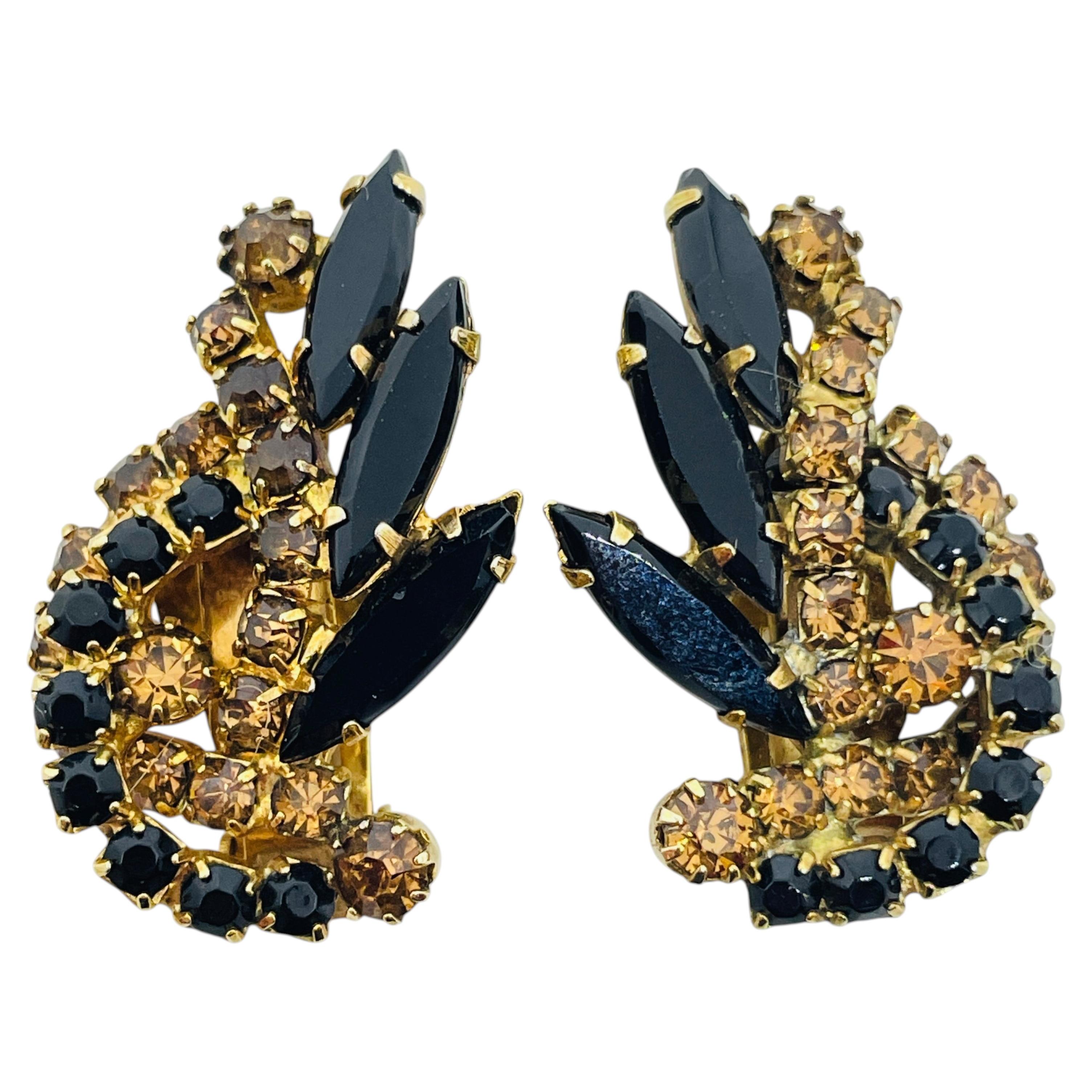 Pendientes de clip de diseño vintage, en tono dorado, con cristal negro ámbar y pedrería, de los años 70