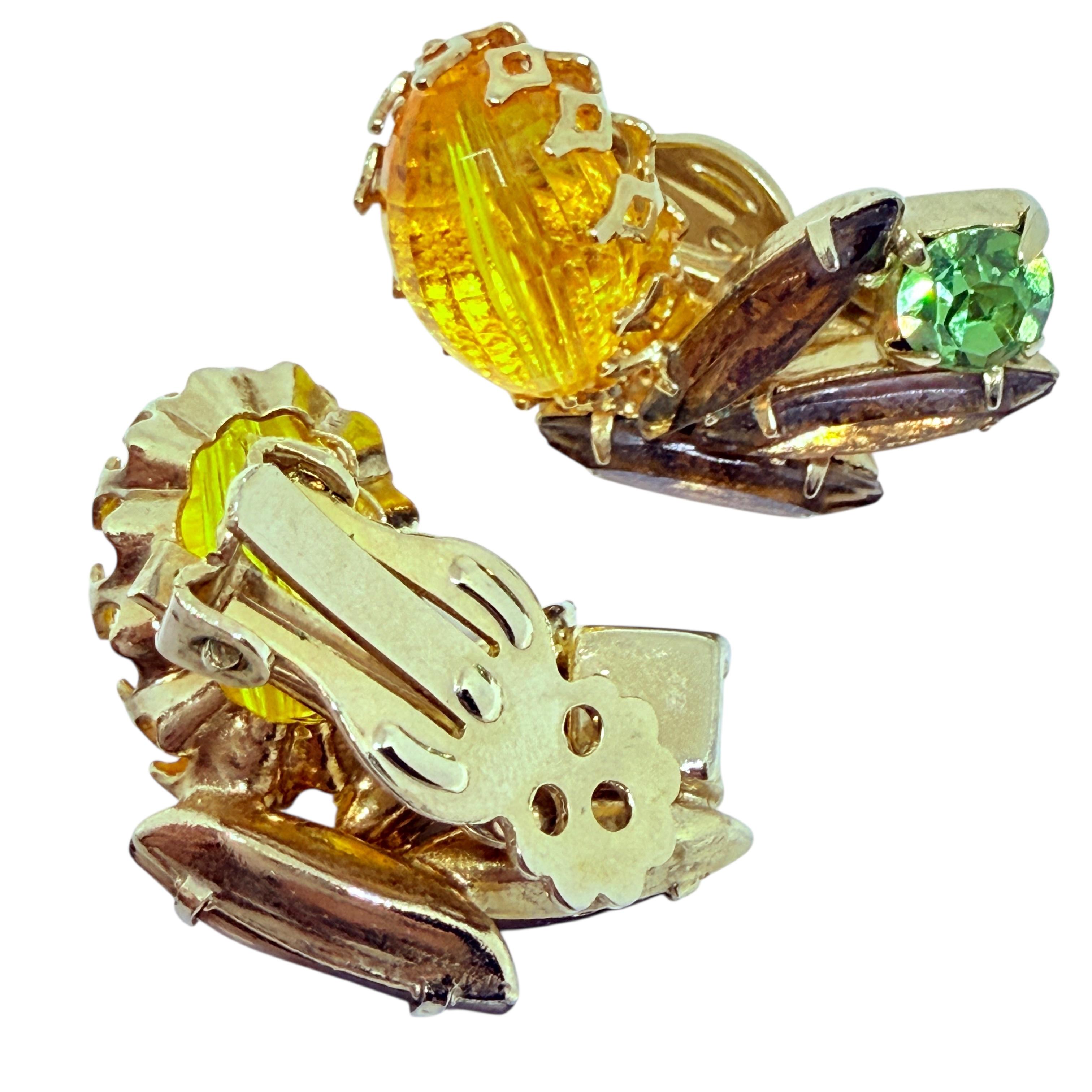Vintage Gold Ton Bernstein Citrin Peridot Glas Designer Clip auf Ohrringe im Zustand „Gut“ im Angebot in Palos Hills, IL