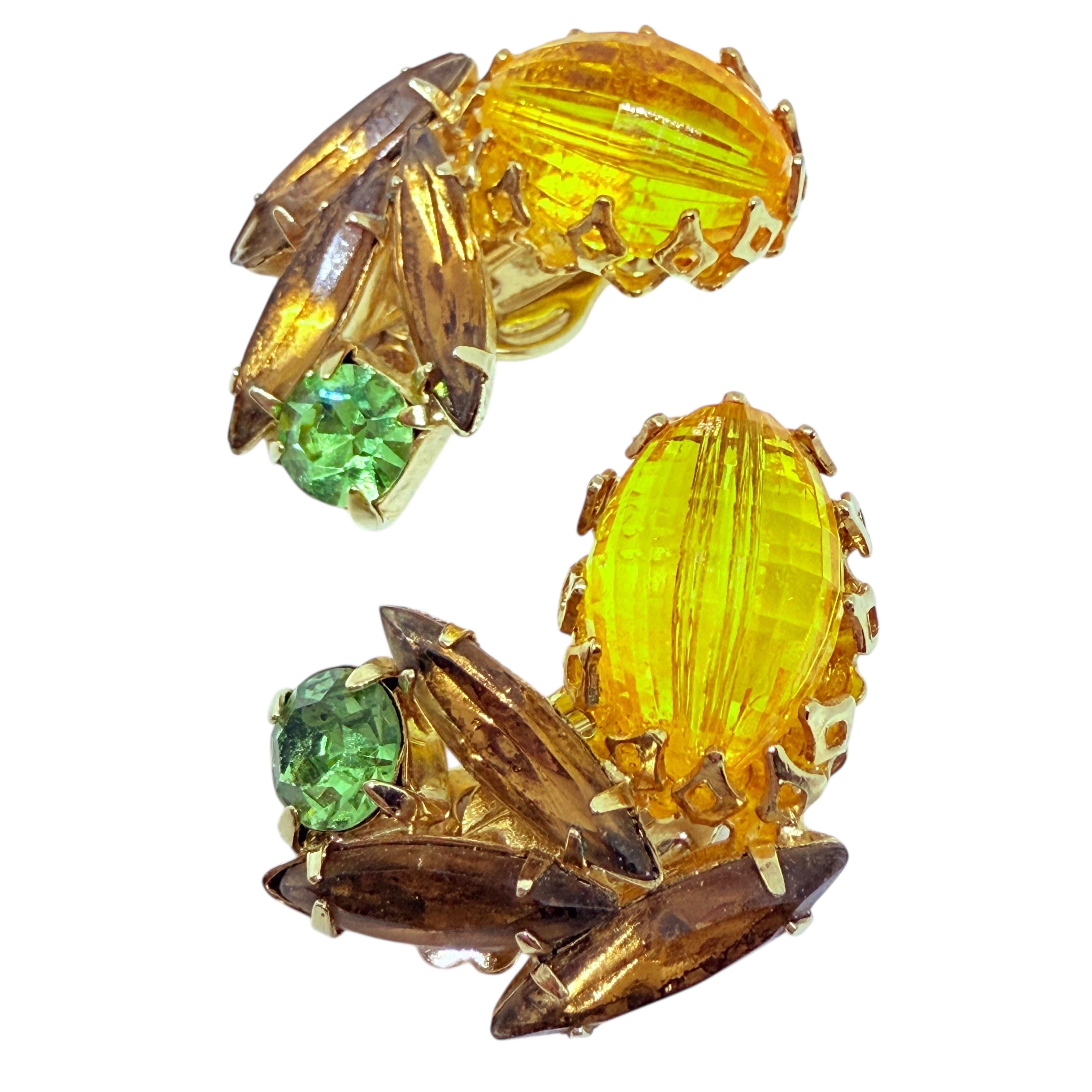 Vintage Gold Ton Bernstein Citrin Peridot Glas Designer Clip auf Ohrringe für Damen oder Herren im Angebot