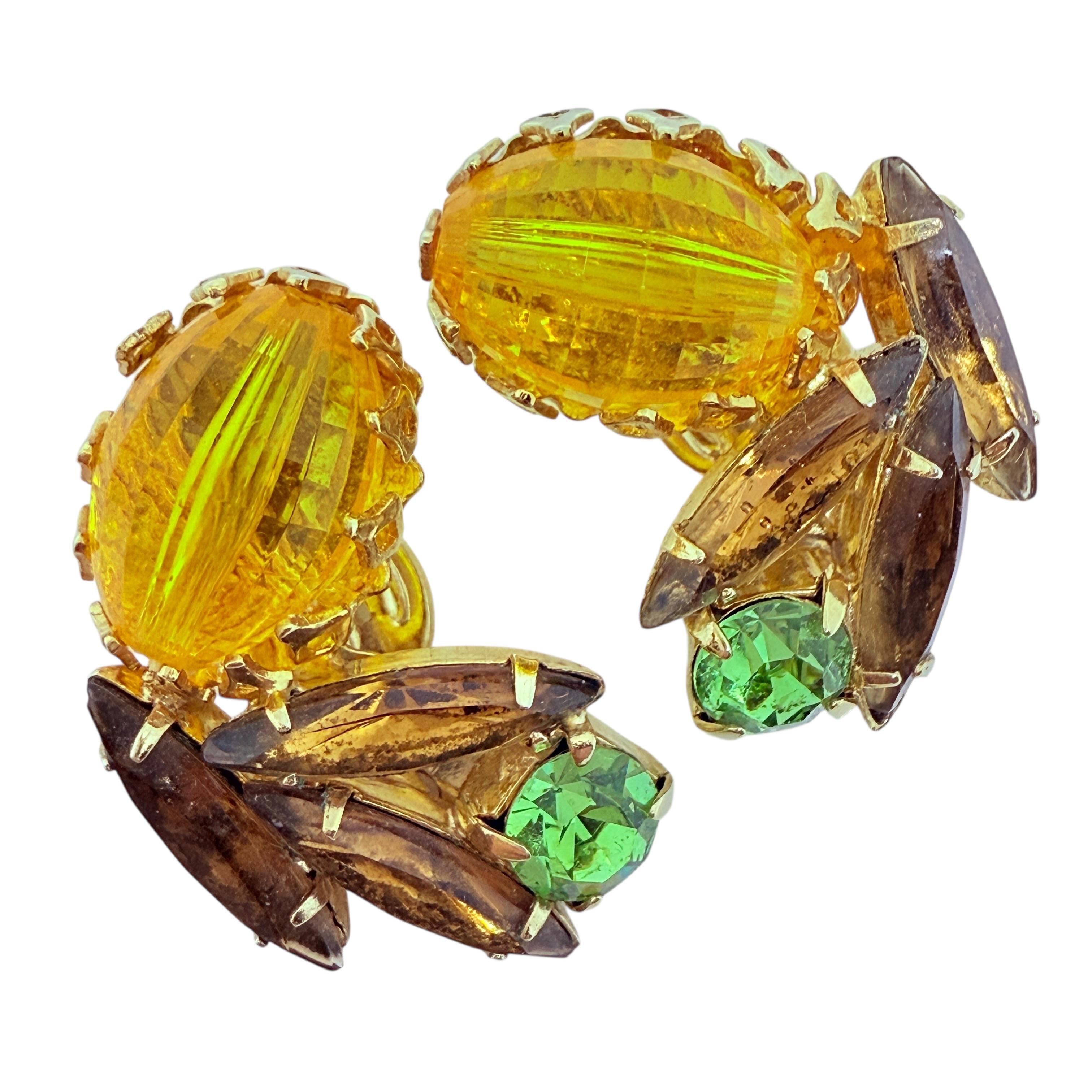 Vintage Gold Ton Bernstein Citrin Peridot Glas Designer Clip auf Ohrringe im Angebot 1