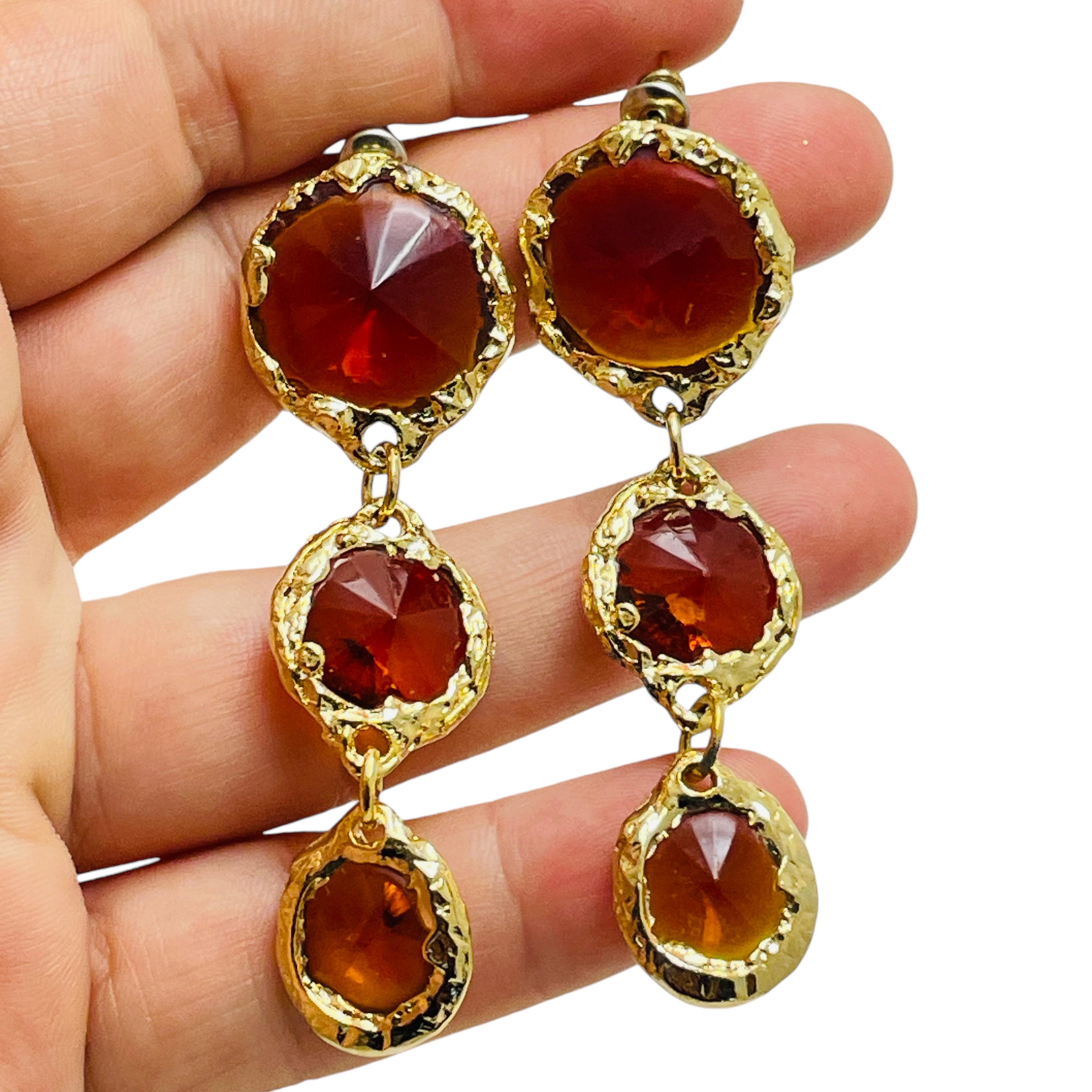 Women's Vintage gold tone amber dangle glass designer dangle pierced earrings For Sale