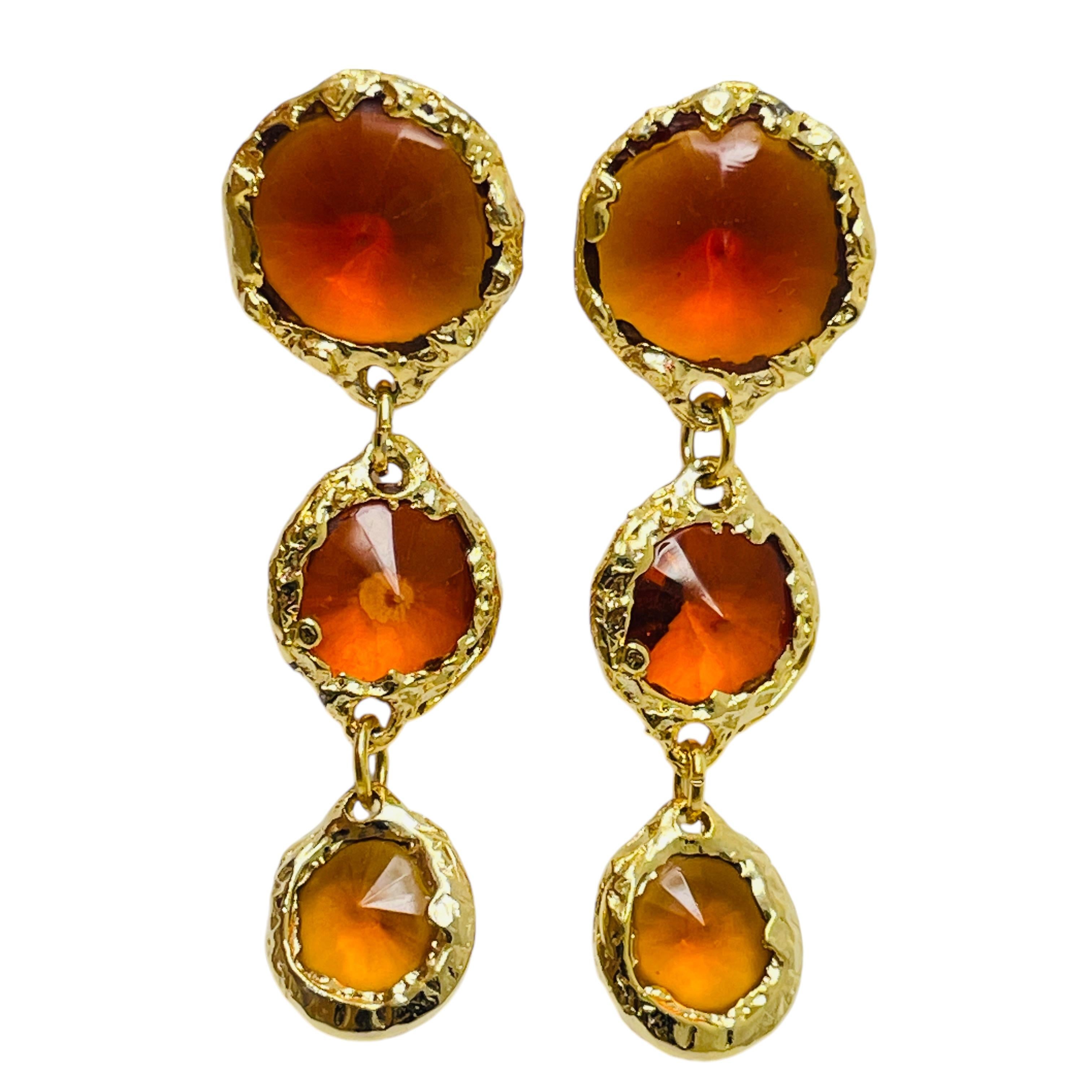 Vintage gold tone amber dangle glass designer dangle pierced earrings
