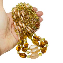 Vintage gold tone amber glass beaded multi strand 1960's designer necklace