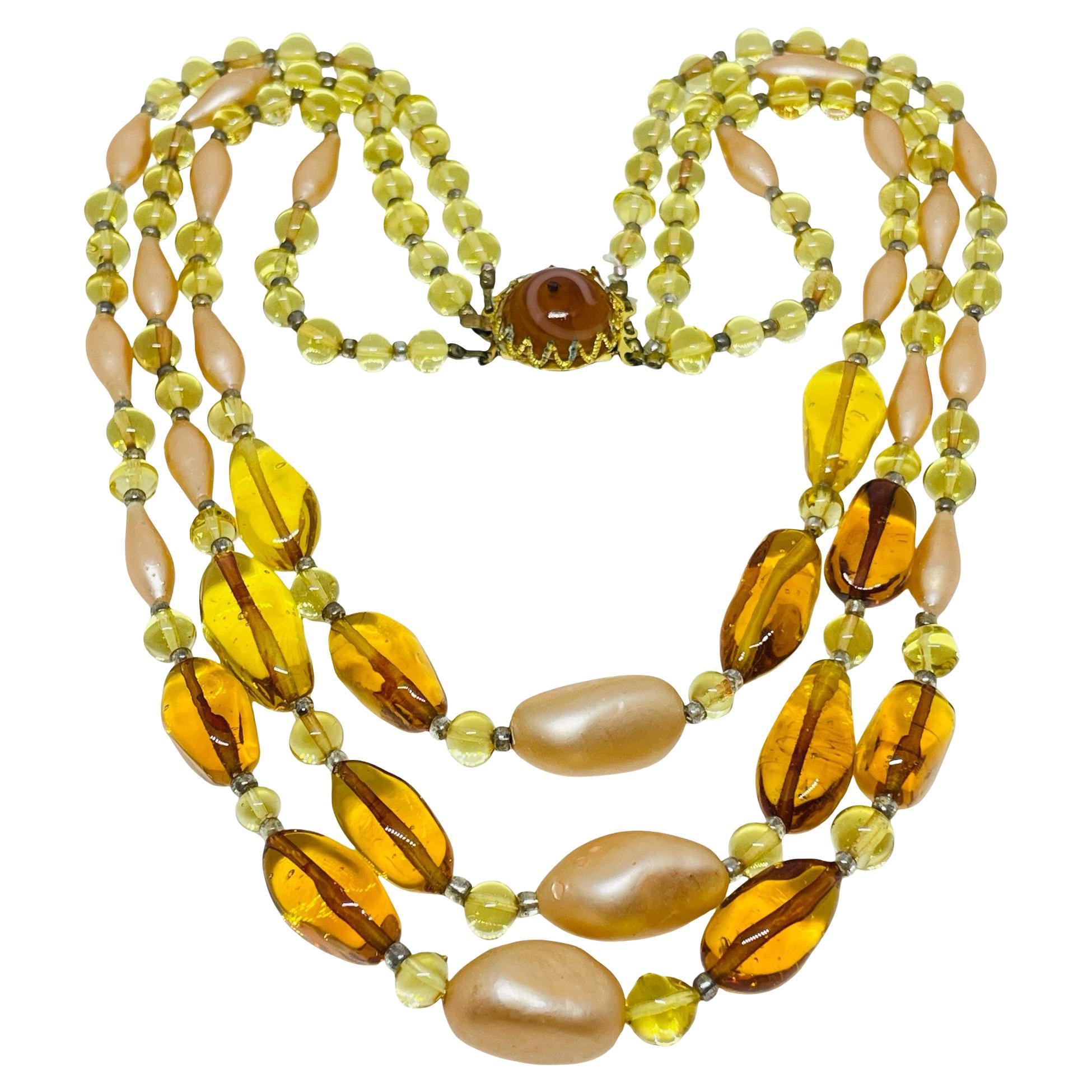 Vintage gold tone amber glass beaded multi strand 1960's designer necklace
