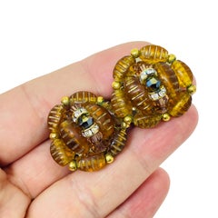 Vintage gold tone amber glass beads rhinestones designer earrings 1960s