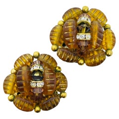 Vintage gold tone amber glass beads rhinestones designer earrings 1960s