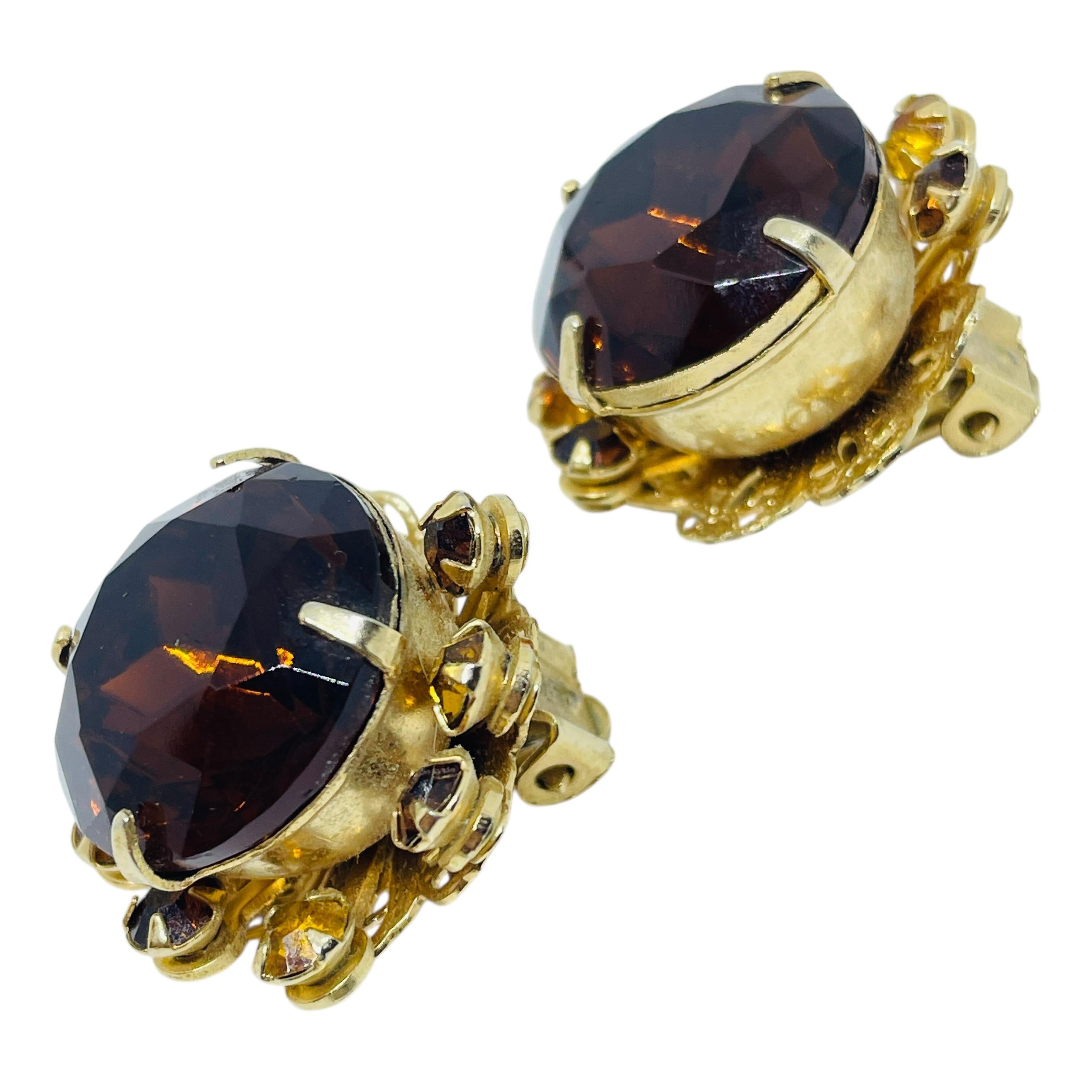 Vintage Gold Ton Bernstein Glas Designer Clip auf Ohrringe für Damen oder Herren im Angebot