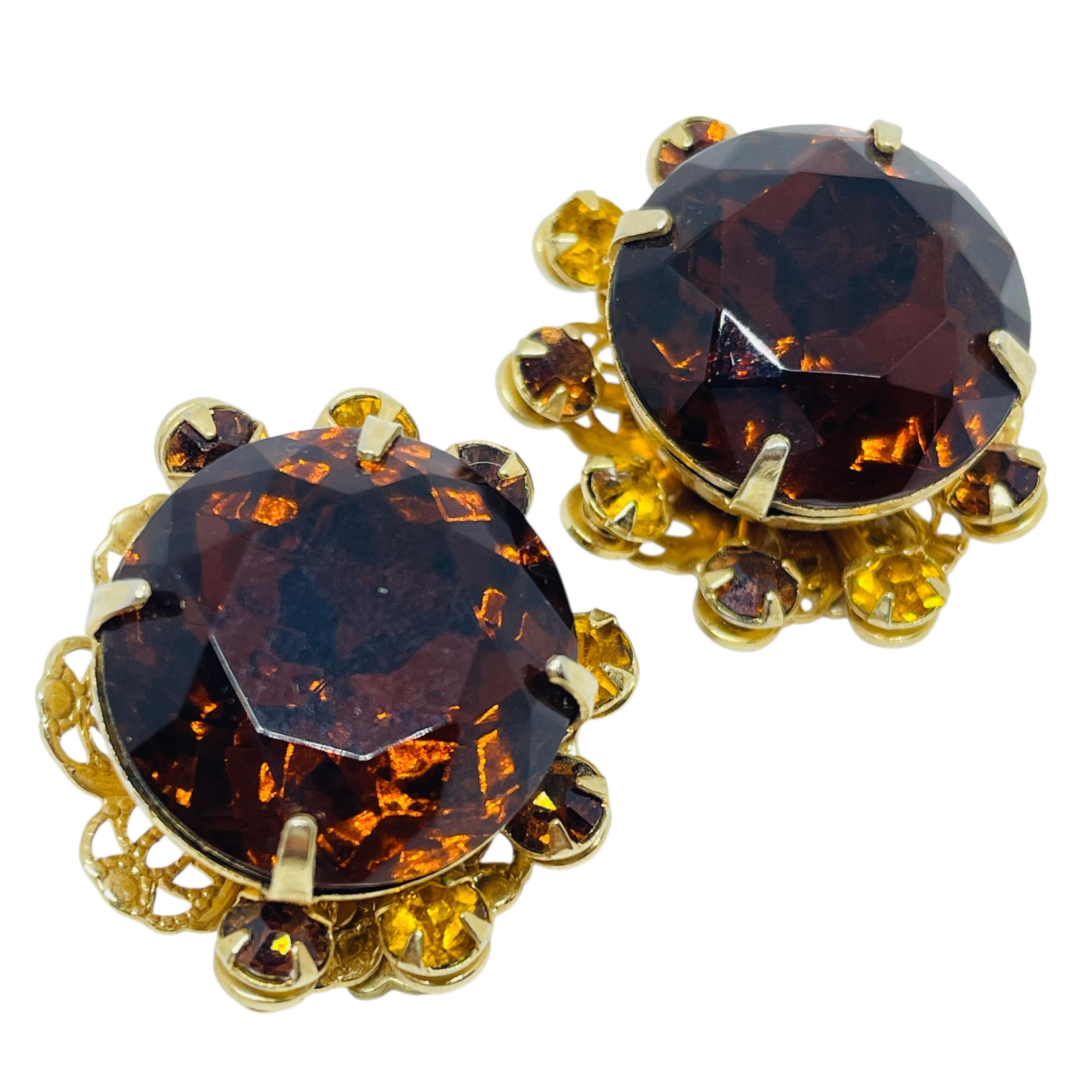 Vintage Gold Ton Bernstein Glas Designer Clip auf Ohrringe im Angebot 1