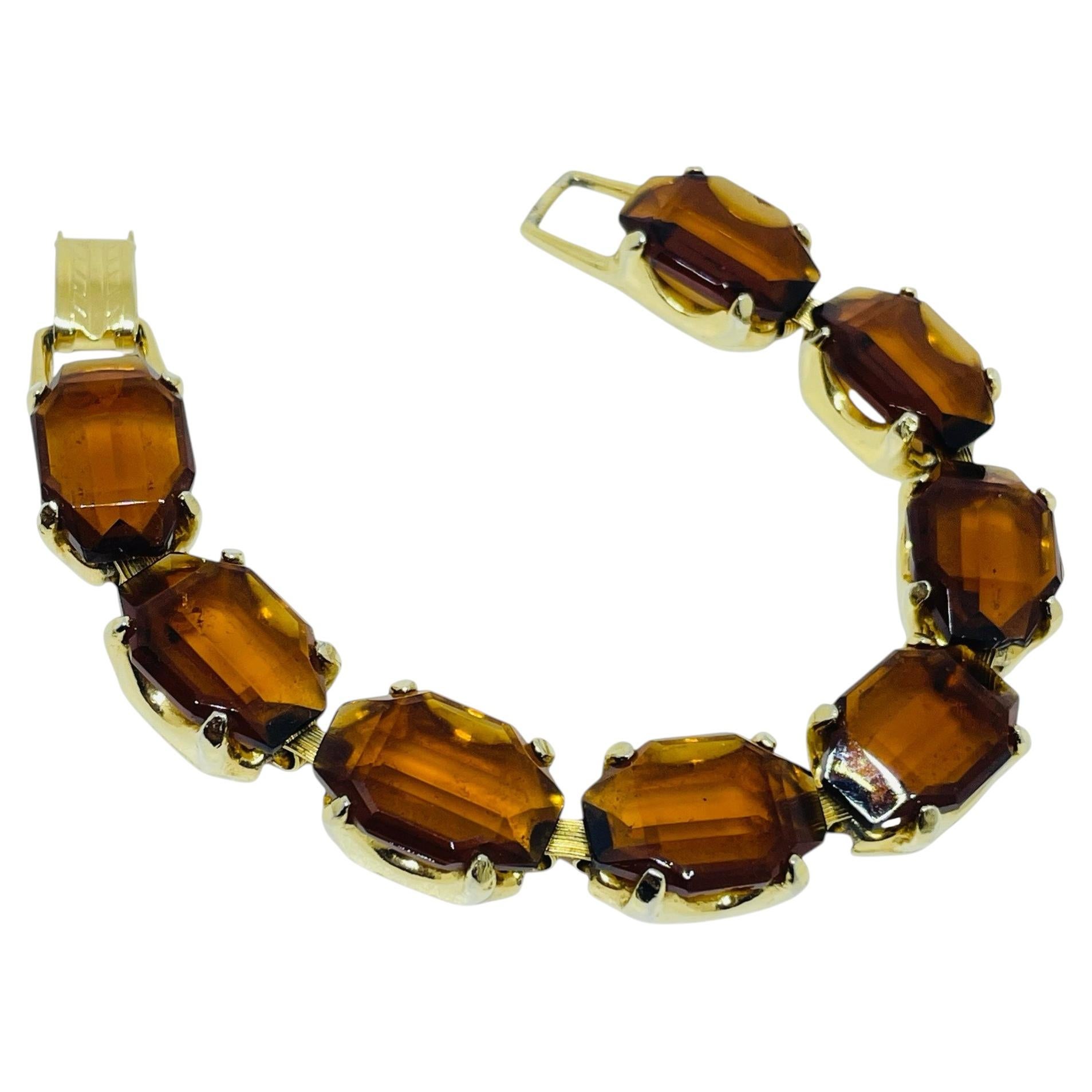 Pulsera de diseño con eslabones de cristal ámbar en tono dorado vintage