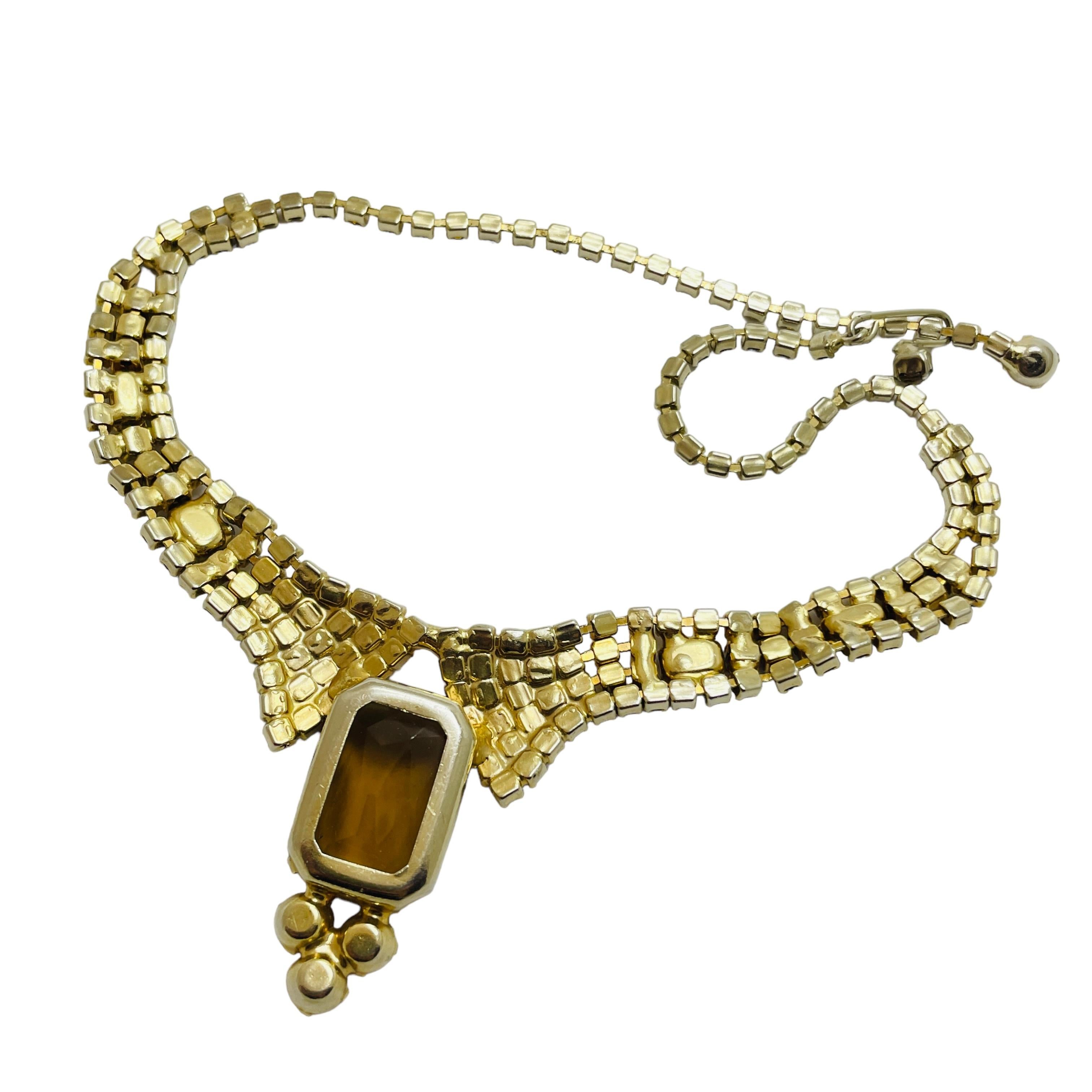 Vintage gold tone amber glass designer necklace In Good Condition For Sale In Palos Hills, IL