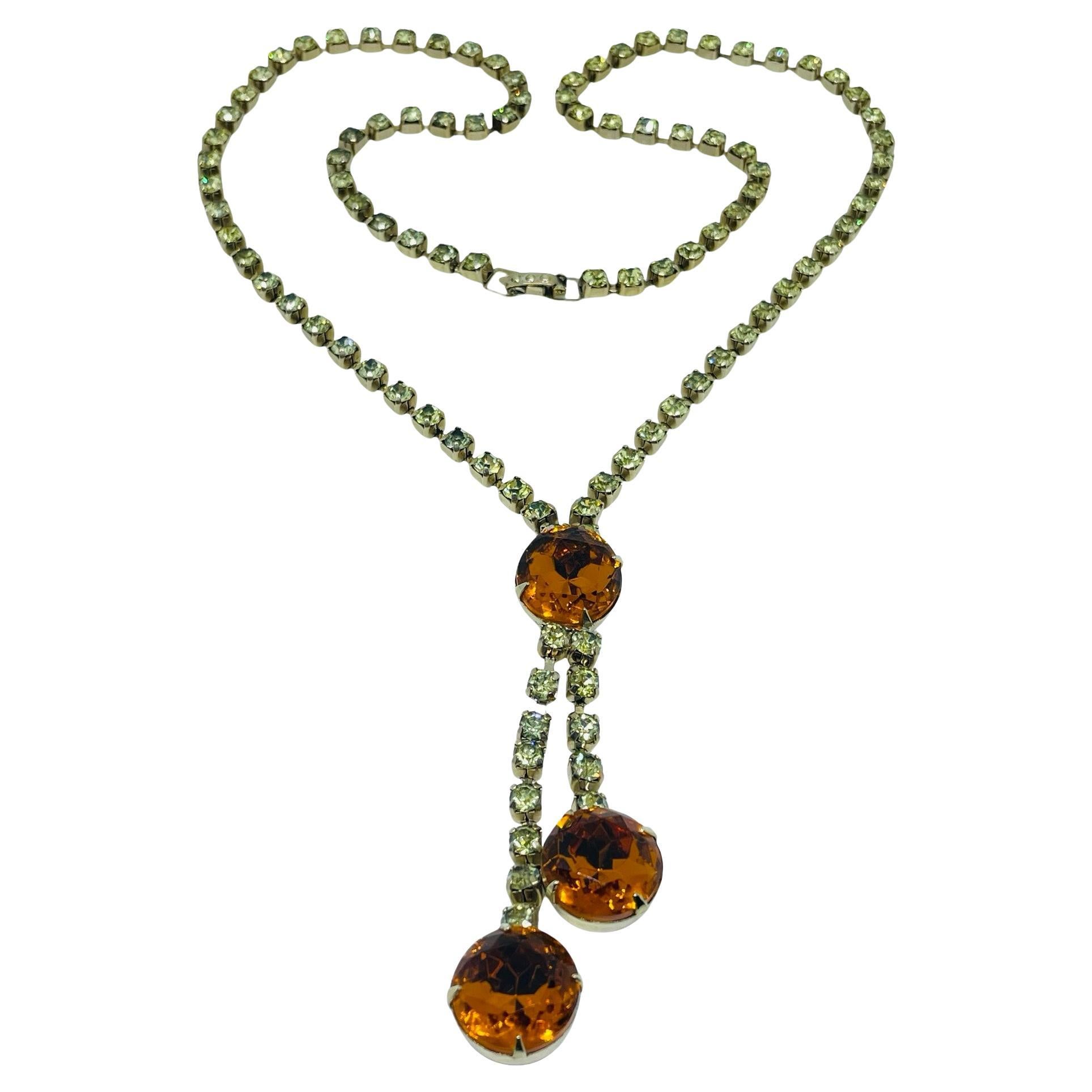 Vintage gold tone amber glass designer necklace