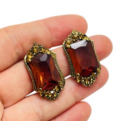 Orecchini da passerella in vetro ambrato d'epoca, tono oro