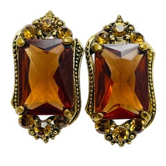 Vintage gold tone amber glass designer runway earrings