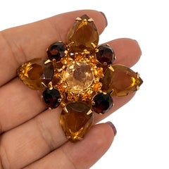 Vintage gold tone amber glass Maltese cross designer brooch