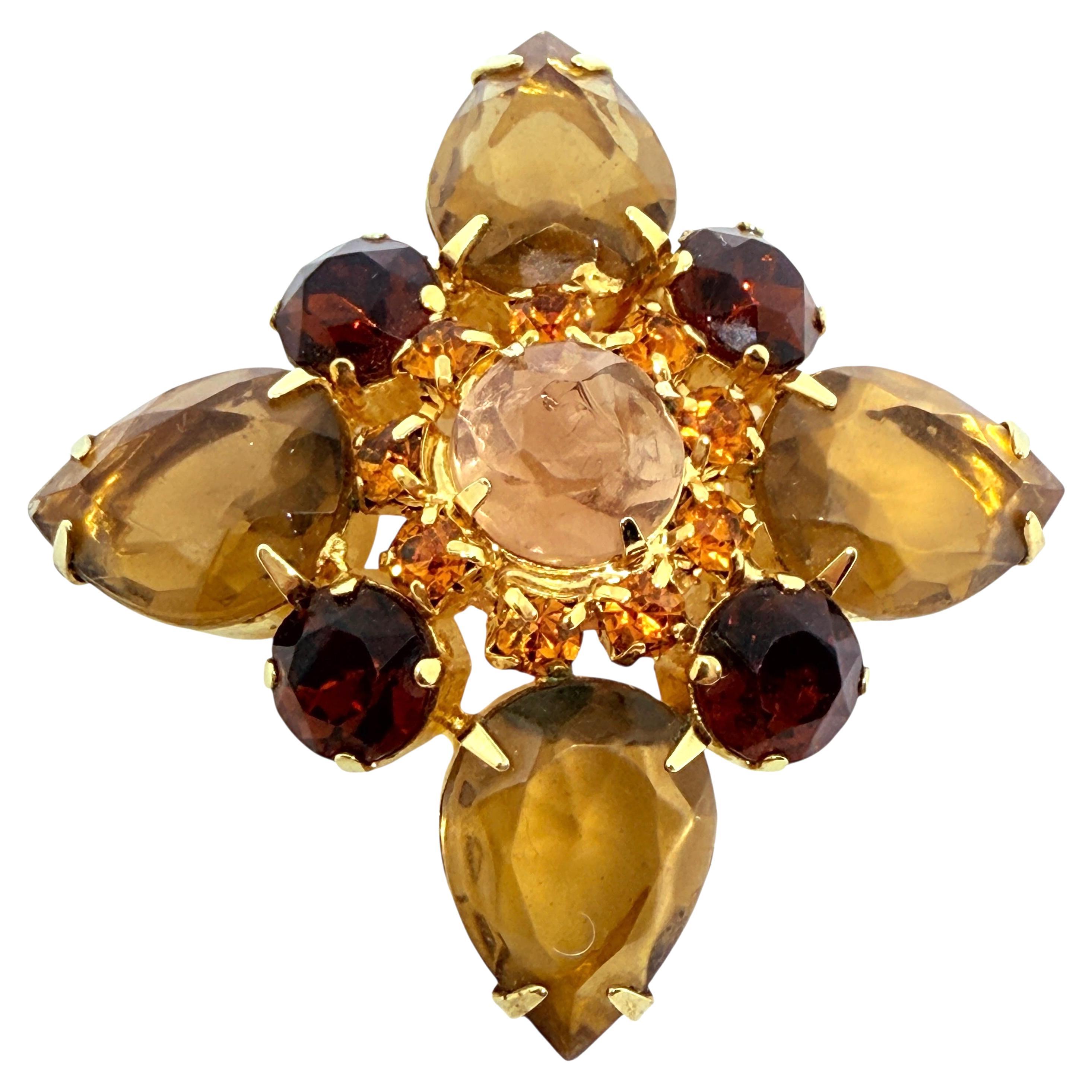 Broche vintage de cristal ámbar dorado con cruz de Malta de diseño