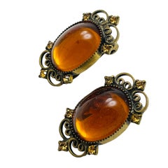 Vintage gold tone amber glass stones designer clip on earrings