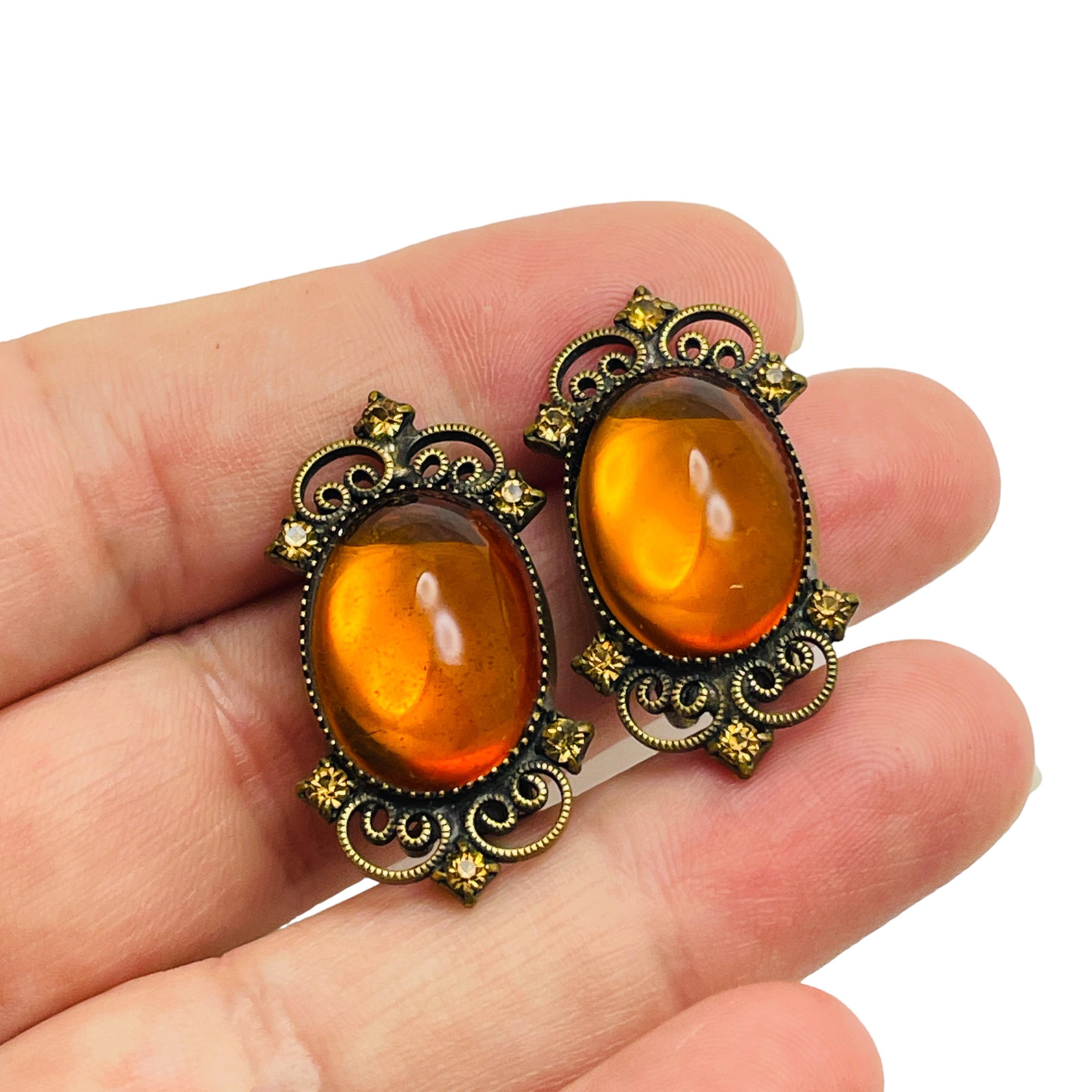 Women's Vintage gold tone amber glass stones designer clip on earrings For Sale