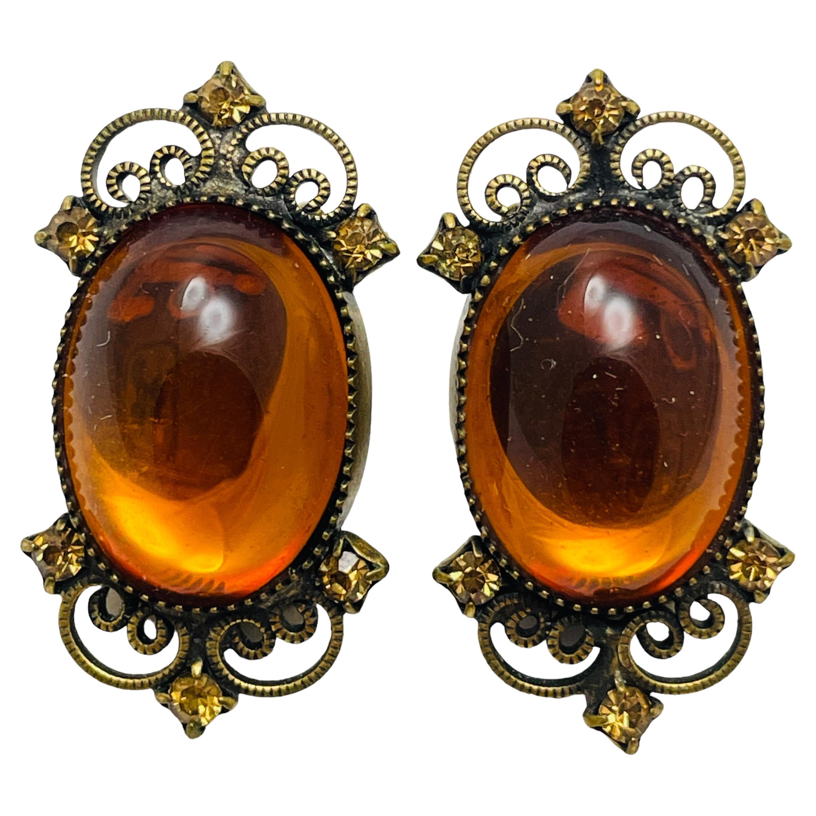 Vintage gold tone amber glass stones designer clip on earrings For Sale