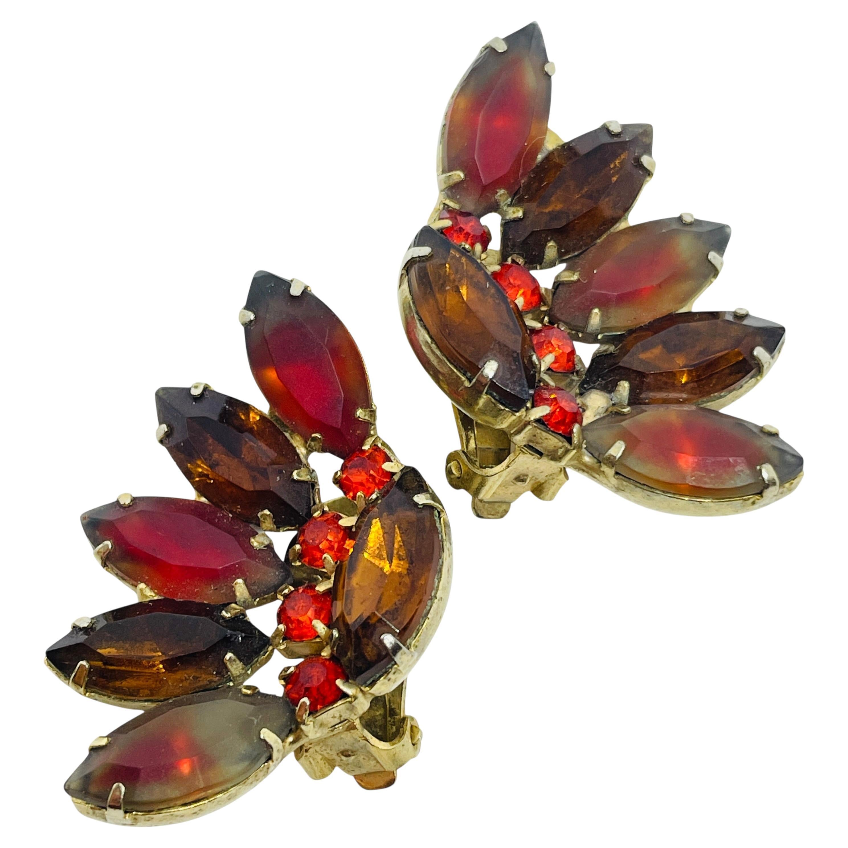 Vintage gold tone amber red glass clip on earrings