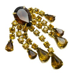 Vintage gold tone amber rhinestone dangle designer brooch
