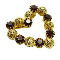 Vintage gold tone amber rhinestone heart designer brooch