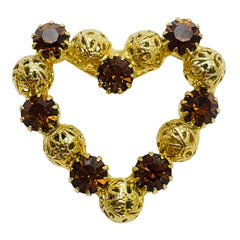 Vintage Goldton Bernstein Strass Herz Designer Brosche