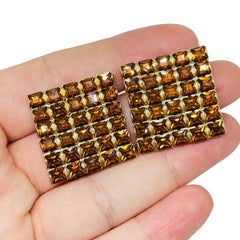 Vintage gold tone amber rhinestoned square designer pierced earrings