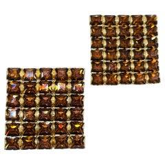 Vintage gold tone amber rhinestoned square designer pierced earrings