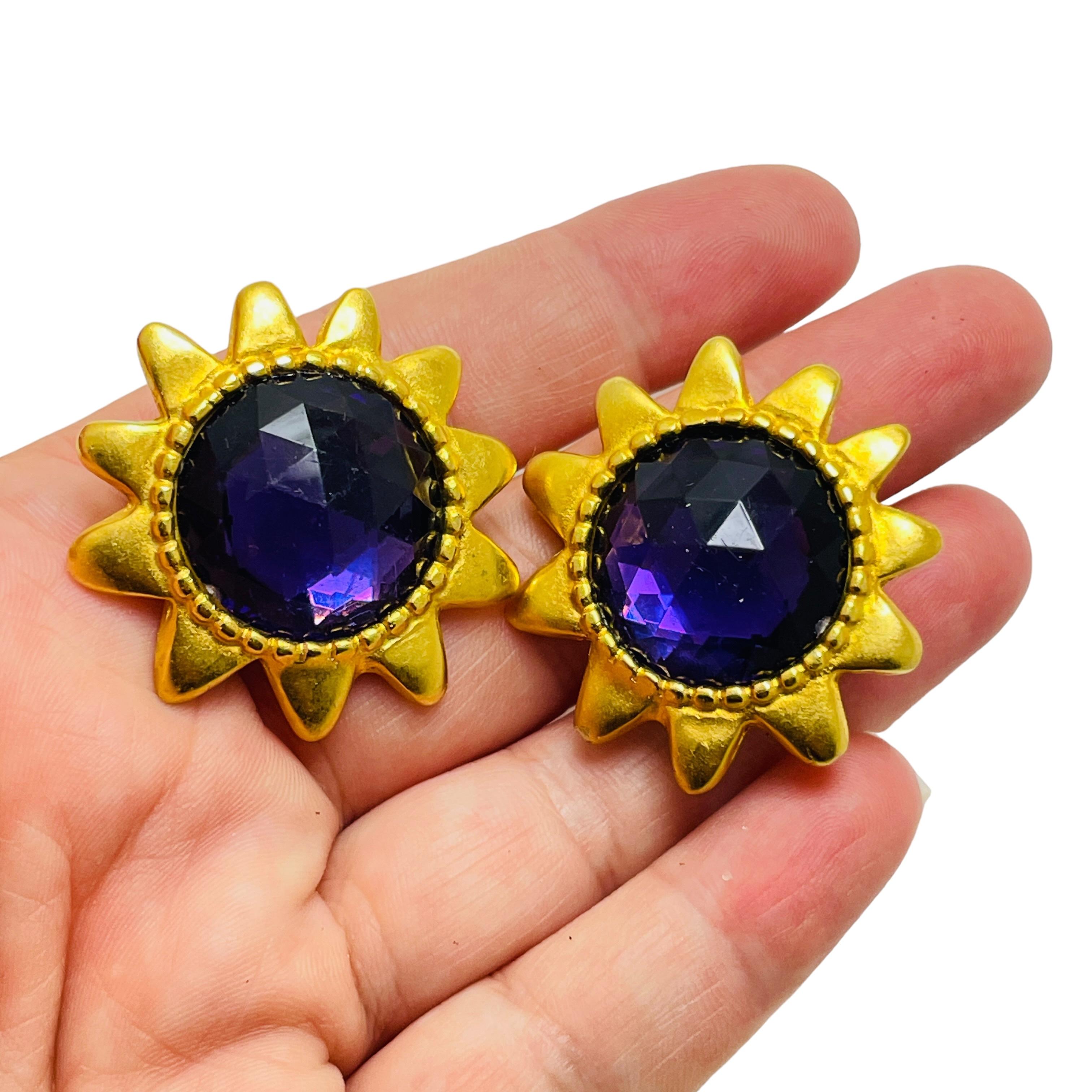 Women's Vintage gold tone amethyst glass designer clip on earrings For Sale