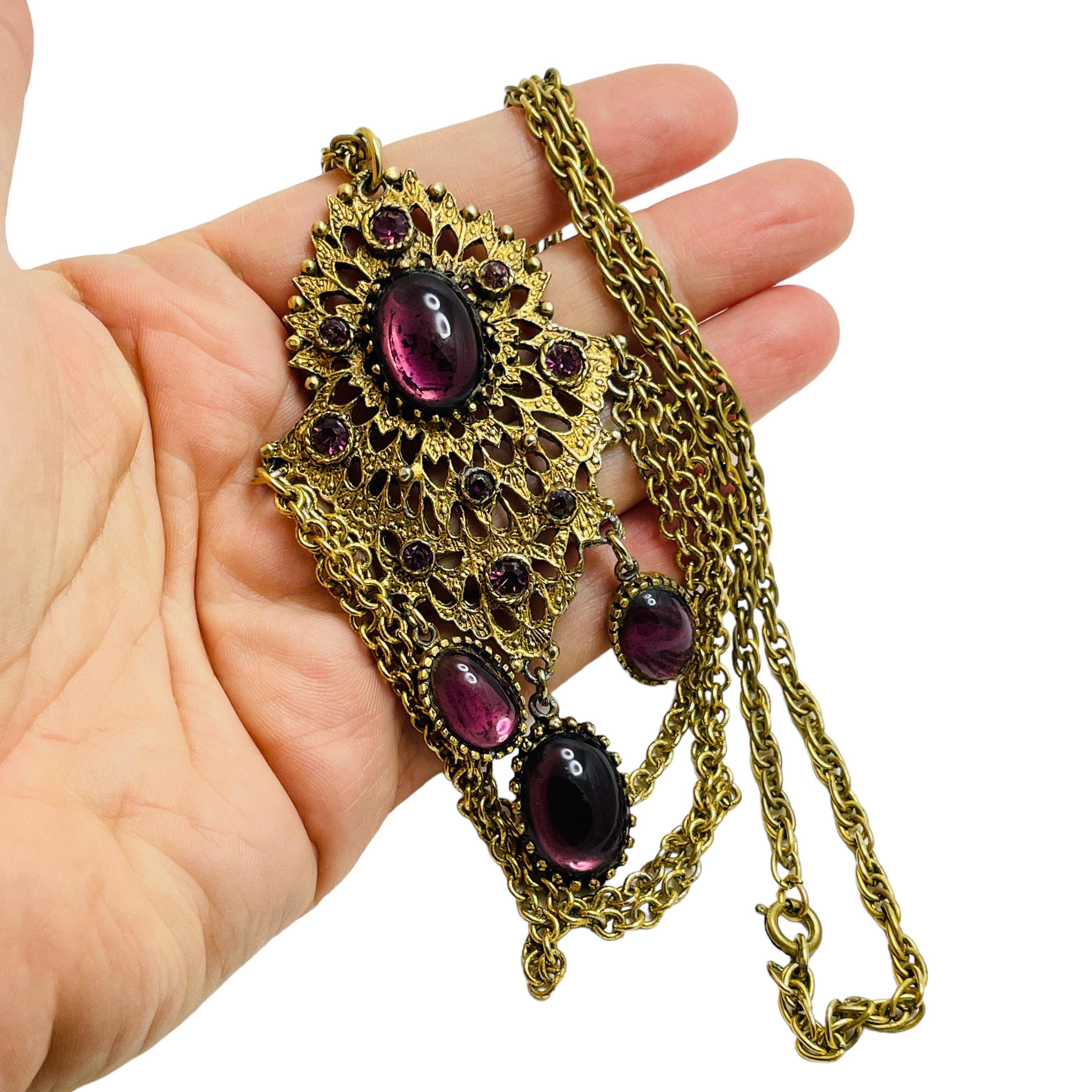 Women's Vintage gold tone amethyst glass designer necklace For Sale