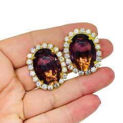 Vintage gold tone amethyst glass rhinestones designer clip on earrings