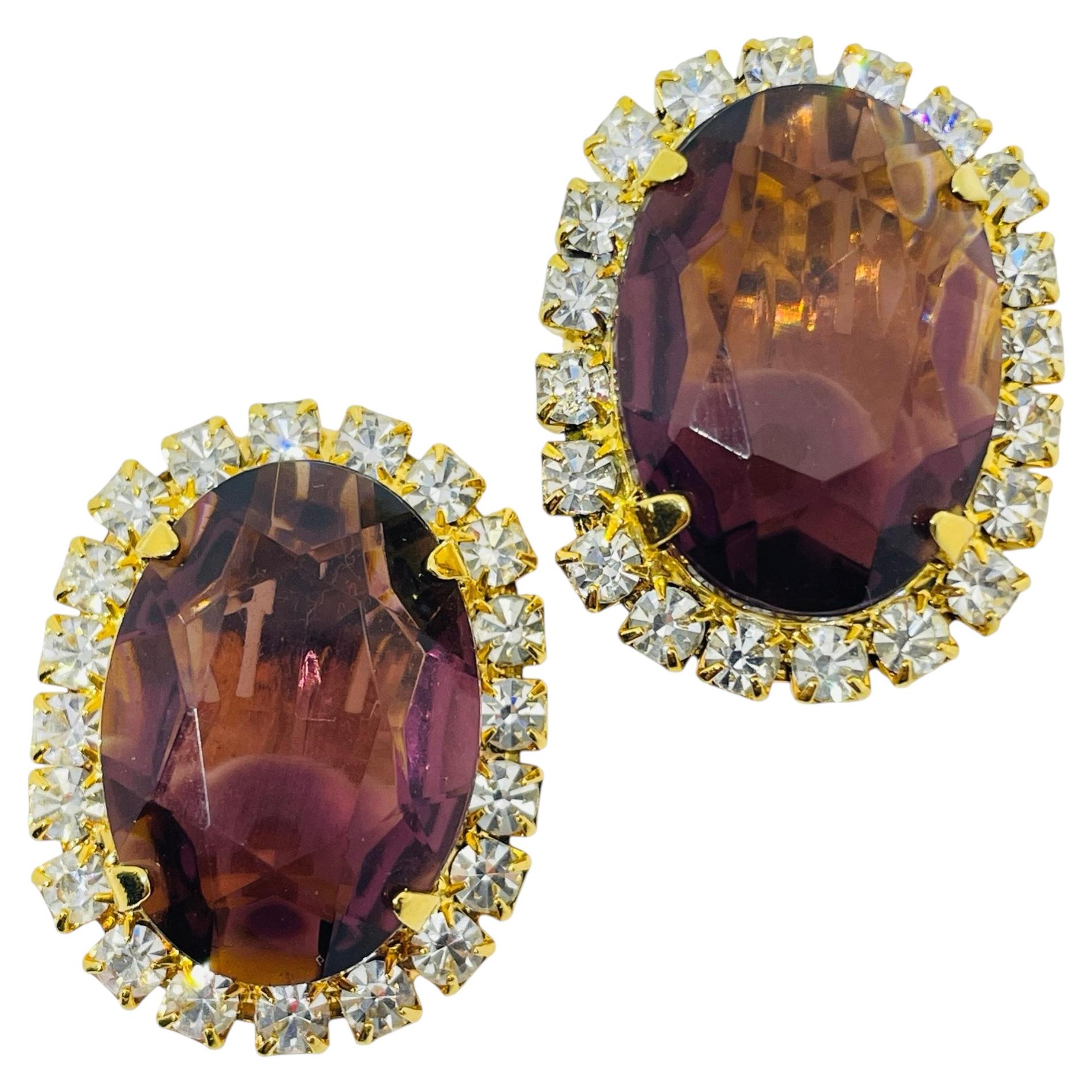 Orecchini a clip di design vintage in vetro color ametista con strass dorati