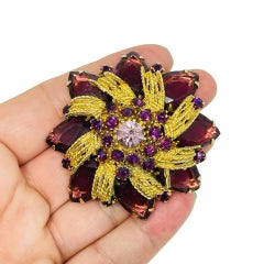 Vintage gold tone amethyst glass rhinestones flower designer brooch