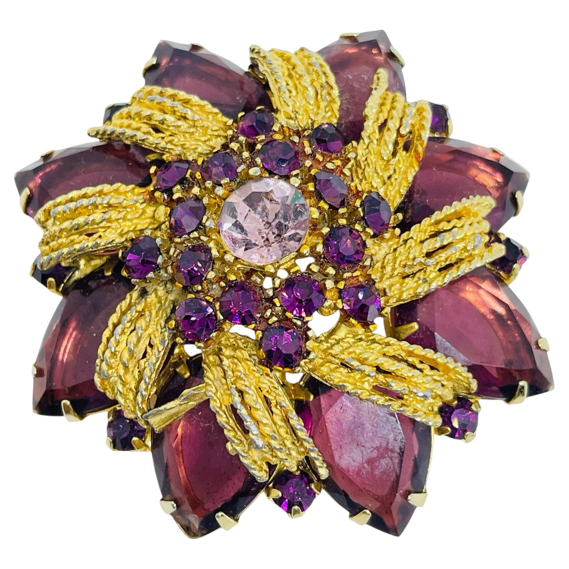 Vintage Gold Ton Amethyst Glas Strass Blume Designer Brosche
