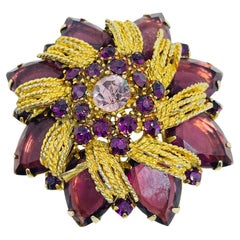 Vintage gold tone amethyst glass rhinestones flower designer brooch