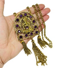 Vintage gold tone amethyst glass stones Buddha designer chain necklace