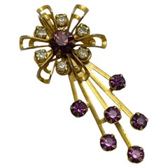 Vintage gold tone amethyst rhinestones flower brooch pendant