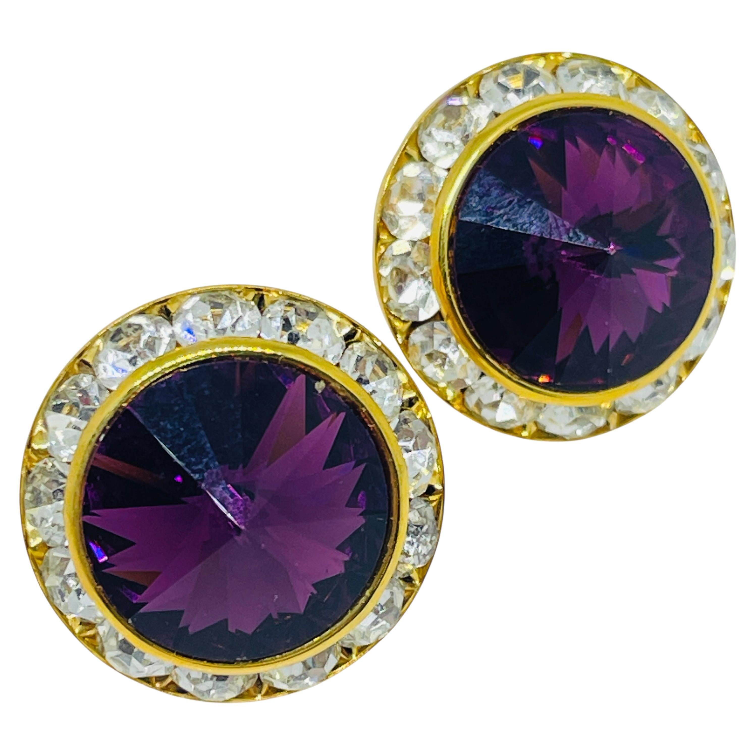 Vintage gold tone amethyst rivoli glass rhinestones designer post earrings For Sale