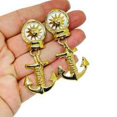 Vintage gold tone anchor sun face designer pierced earrings