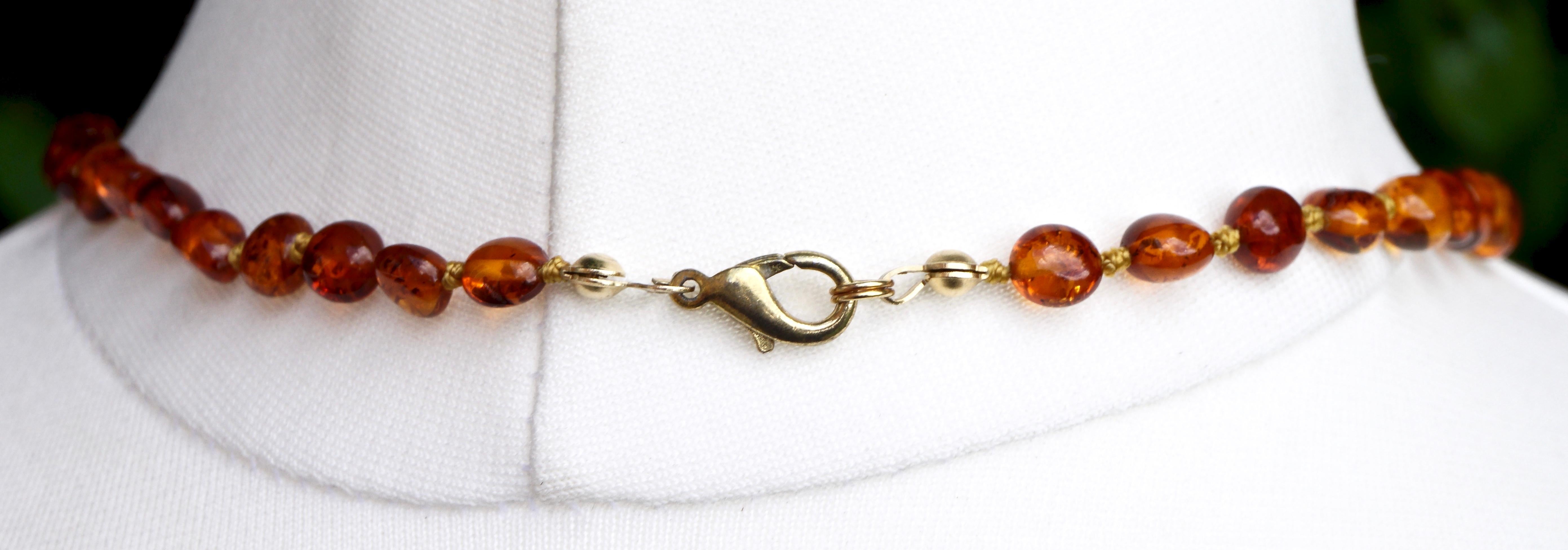 Women's or Men's Vintage Gold Tone and Dark Honey Amber Knotted Beads Necklace