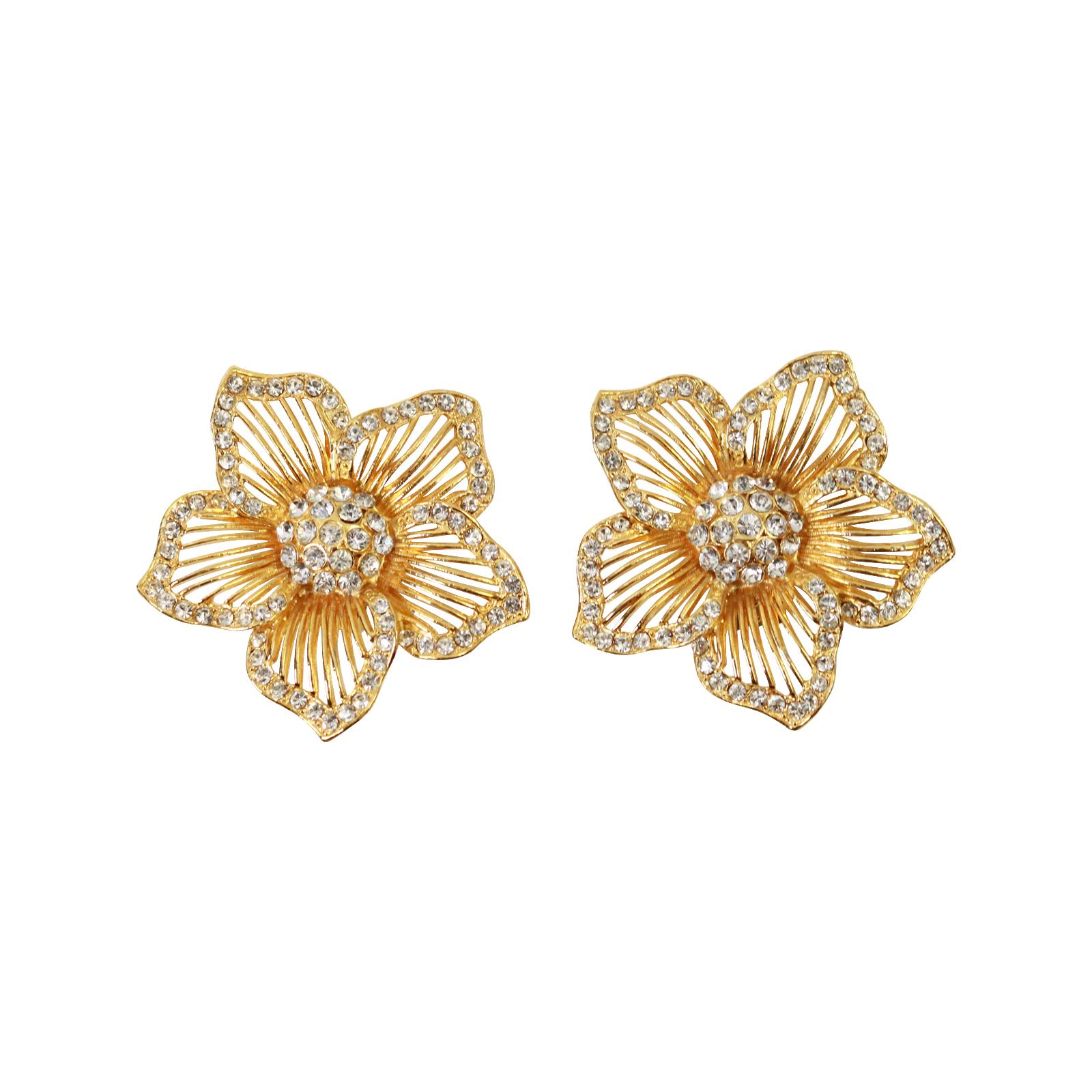 Vintage Gold Tone and Diamante Flower Earrings, Circa 1980's. These are well made and substantial earrings The earrings have a surround of the diamante and the center is a mound of pave. All the petals are open and created by pieces of open wire. 